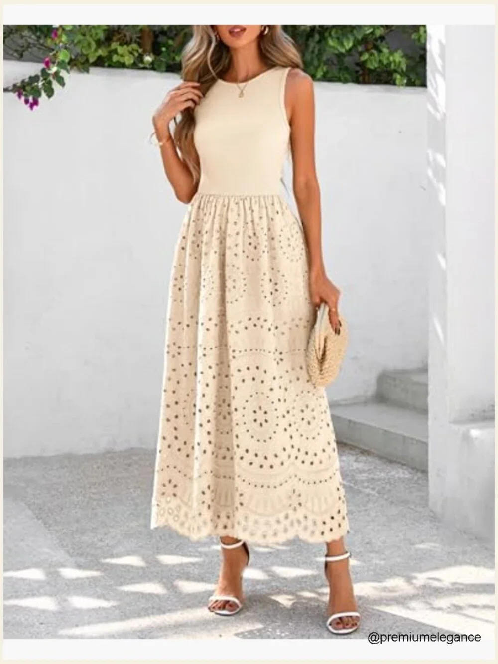 Sleeveless A-Line Maxi Dress with Lace Eyelet and Pockets, Cotton Blend - Picture 6 of 7